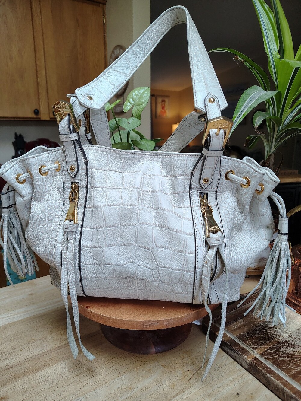 Aimee Kestenberg Large White/Cream Leather Croc-Embossed Shoulder Tote